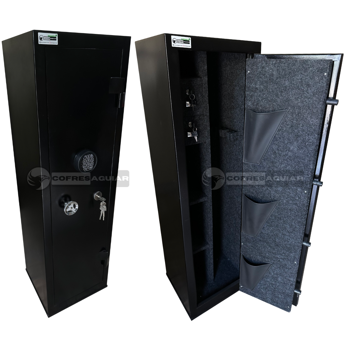 Cofre Mecânico Sem Concreto para Guarda de Armas Longas e Curtas de 130 cm | C/ 01 (Uma) Fechadura Auxiliar Tetra-Chave | C/ 02 (Duas) Gavetas Fixas e 02 (Duas) Prateleiras Laterais Removíveis | Comporta 04 (Quatro) Armas Longas e, no mínimo, 03 (Três) Armas Curtas em seu Interior.