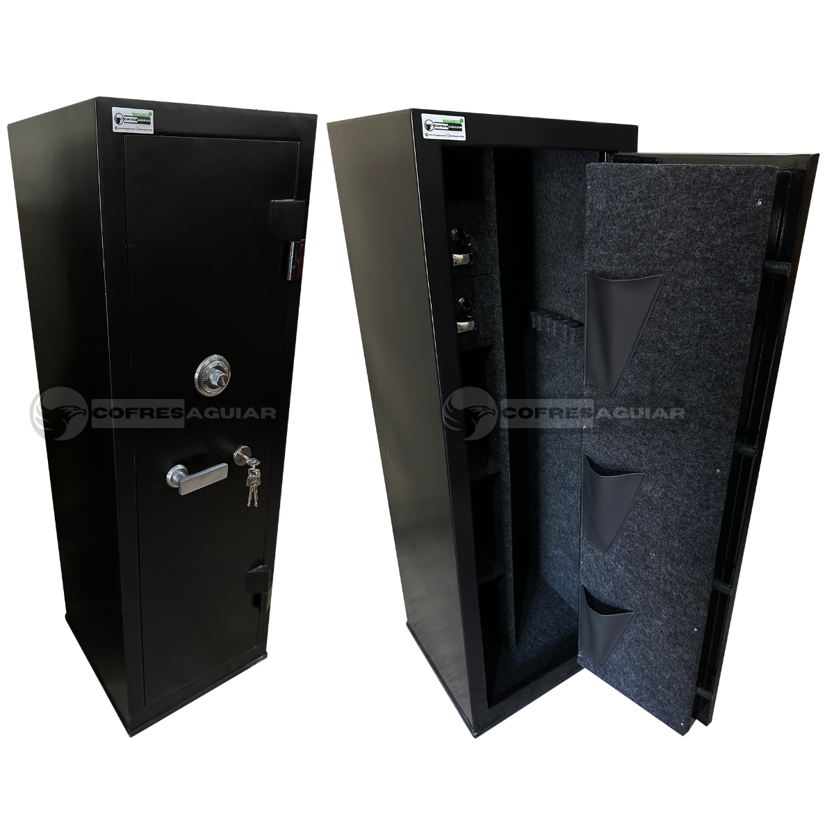 Cofre Mecânico Sem Concreto para Guarda de Armas Longas e Curtas de 130 cm | C/ 01 (Uma) Fechadura Auxiliar Tetra-Chave | C/ 02 (Duas) Gavetas Fixas e 02 (Duas) Prateleiras Laterais Removíveis | Comporta 06 (Seis) Armas Longas e, no mínimo, 03 (Três) Armas Curtas em seu Interior.