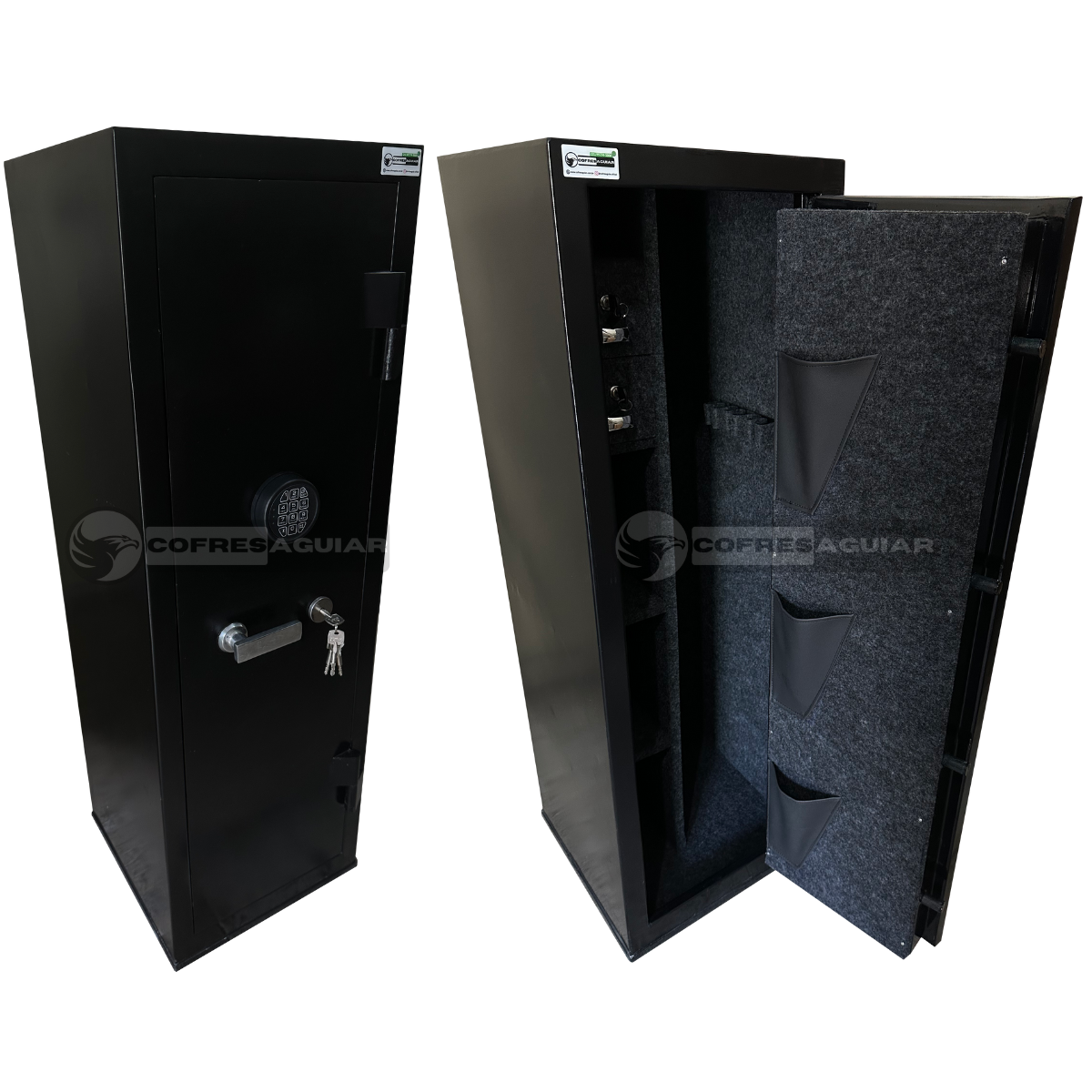 Cofre Mecânico Sem Concreto para Guarda de Armas Longas e Curtas de 130 cm | C/ 01 (Uma) Fechadura Auxiliar Tetra-Chave | C/ 02 (Duas) Gavetas Fixas e 02 (Duas) Prateleiras Laterais Removíveis | Comporta 06 (Seis) Armas Longas e, no mínimo, 03 (Três) Armas Curtas em seu Interior.